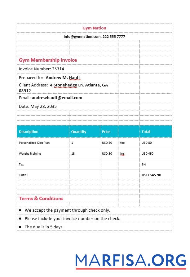 Realistic Gym Membership Invoice Template